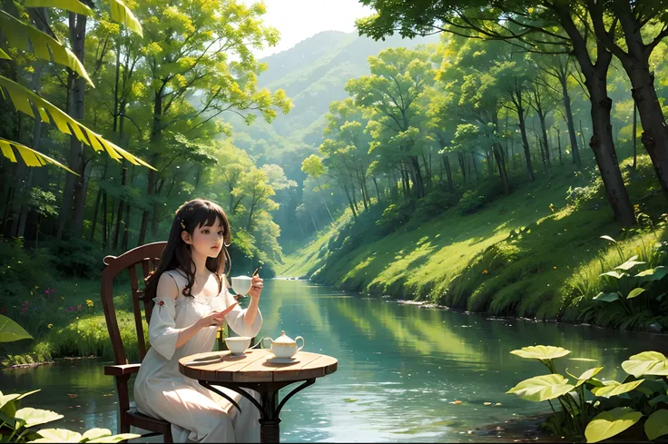 Fairy drinking a hot cup of tea, a beautiful white teapot and cups, tea leaves floating in the liquid, small wodden table, Forest as background. Highly detailed.