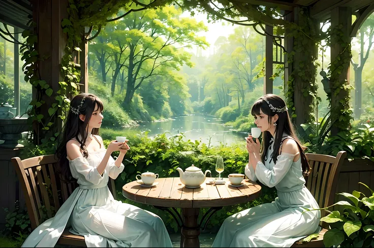 Fairy drinking a hot cup of tea, a beautiful white teapot and cups, tea leaves floating in the liquid, small wodden table, Forest as background. Highly detailed.