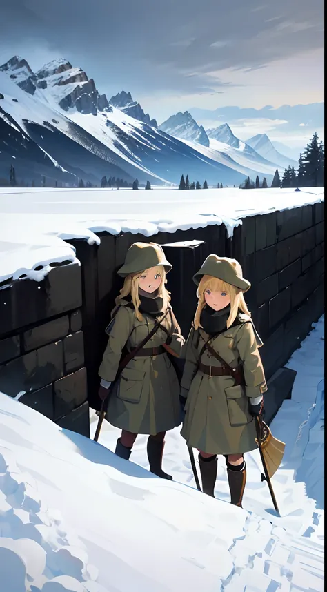 trench warfare, WW1, {{2 girls}}, blond, in snow mountain, fjord, ushanka, winter coat, BDU, 1 girl holding military shovel, (best quality, perfect quality), high resolution, looking afar