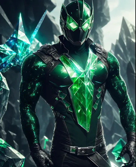 (extremely detailed 8k wallpaper), Close-up (futuristic masked Green-crystal-man From Marvel dressed in Goth style: 1.3) emerging from the the crystal world, crystal pipes, extremely detailed, volumetric lighting