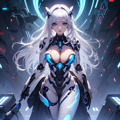 (((Of the highest quality)), (masterpiece), (detail:1.4), (((translucent mechanical robotic parts, black cyborg))), ((((solo)))), (((female focus))), ((woman made out of cyber parts)), ((skin of hips and thighs)), (((futuristic background))), many blue lig...