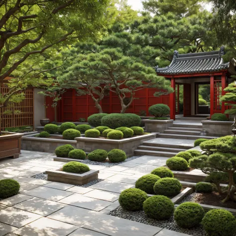 Outdoor Garden
Style: Red Bonsai Oasis
Exterior: The outdoor garden is a haven of greenery and red bonsai trees. Stone pathways wind through carefully landscaped elements, creating a peaceful retreat with areas for contemplation and relaxation.
Decor: Red ...