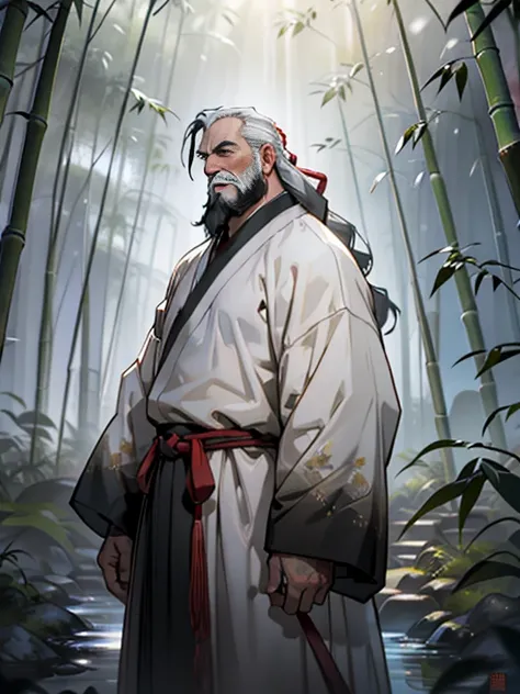 Deep in the bamboo forest, Chinese Ancient Times，raining day, A middle-aged male, 50yearsold, With a beard，emaciated，dressed white hanfu, Standing in a bamboo forest, A hand touched his beard，Place one hand behind your back，look up to，Quiet, Cinematic ligh...