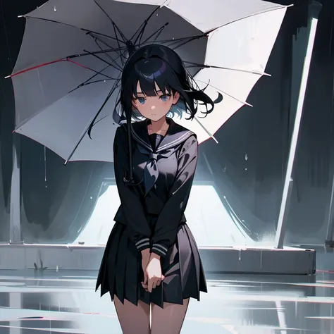 1 girl, black hair, (black sailor suit and black pleated skirt), girl taking shelter from rain, looking away, top quality, high resolution