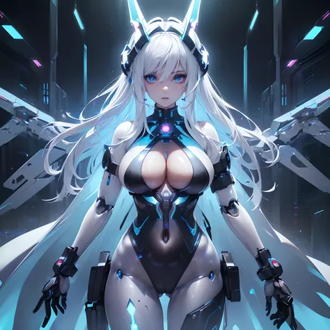 (((Of the highest quality)), (masterpiece), (detail:1.4), (((translucent mechanical robotic parts, black cyborg))), ((((solo)))), (((female focus))), ((woman made out of cyber parts)), ((skin of hips and thighs)), (((futuristic background))), many blue lig...