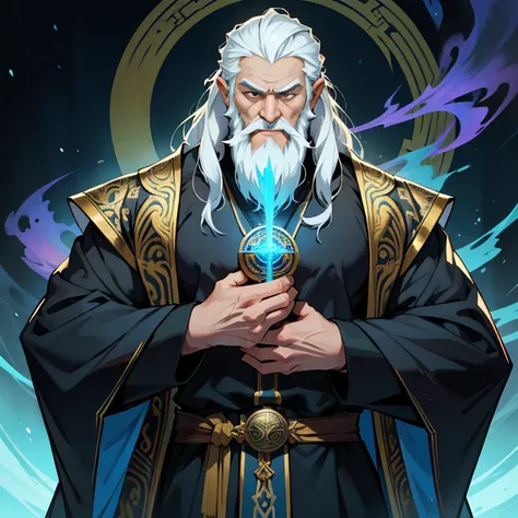 Senior Mage，Long, Flowing white beard，Jing stands with the breath of wisdom and strength. His beard, cascading down to his chest, Possess traces of a lifetime of mystical knowledge and experience. His eyes, Shine with a hint of magic, With secrets and stor...