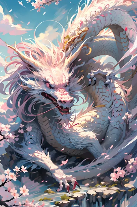 A logo、​masterpiece、(white backgrounid:1)、White dragon surrounded by white clouds、Pink cherry blossom tree、flower petals、the wind、Deities、long wavy body、tusk、Fantasia、myth、hightquality、ighly detailed、​masterpiece、epic poem、Particle effect、Dynamic effects、S...