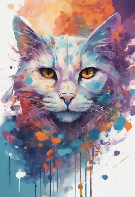 arte splash, a cat head, juba bem detalhada ((fundo branco)), olhos penetrantes, epic instagram, art-station, estilo splash de tinta colorida+, contorno, hiperdetalhado intricadamente detalhado, Motor irreal, genial, detalhes intrincados, tela inicial, cor...