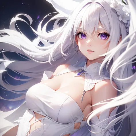 a women, white hair, purple eyes, white dress