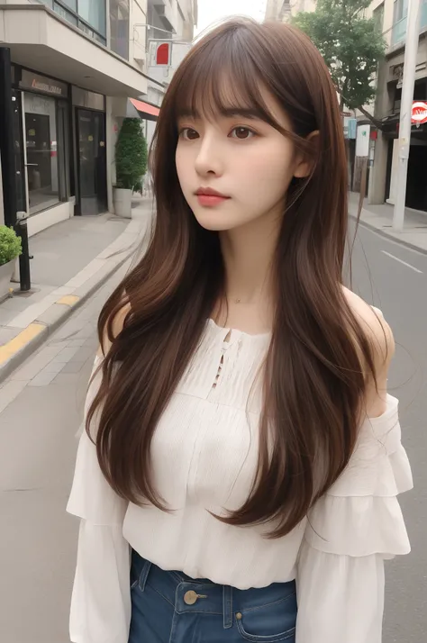 araffed asian woman with long hair and white blouse standing on the street, brown long hair with bangs, Asian girl with long hair, brown flowing hair, long hair with full bangs, Long hair with bangs, long shoulder hair, shoulder-length brown hair, With lon...