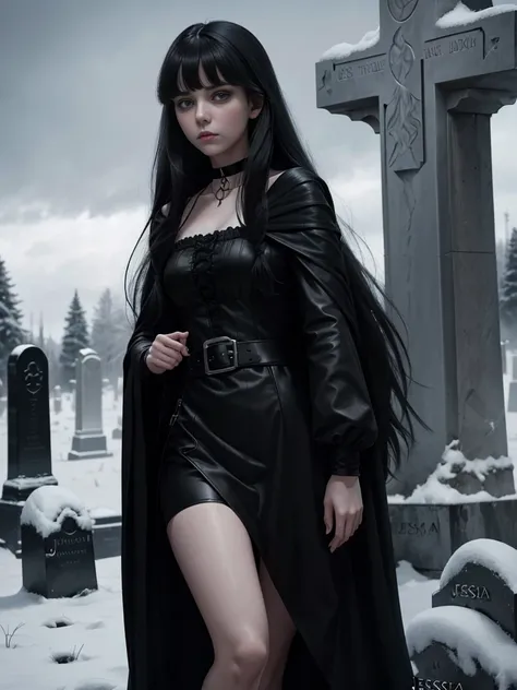 (((Jessica_Faulkner))), 1girl, choker, pale skin, tight black cloak, grey eyes, dynamic pose, tired eyes, long hair, straight hair, swept_bangs, (((black hair))), white skin, pale, white, making fist, cemetery, moonlight, leather clothes, snow, asymmetrica...