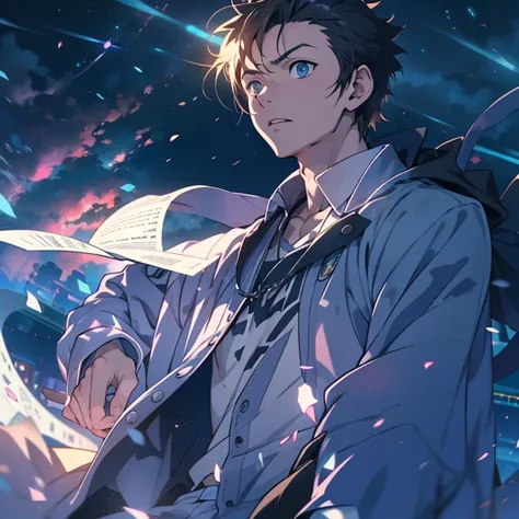 Anime dark boys, White skin, White shirt, blue jacket, Six, Anime wallpaper with sky and star view, Cosmos Sky. author：Shinkai sincerely, Anime art wallpaper 4k, Anime art wallpaper 4k, Anime art wallpaper 8k, Anime Sky, Paper awesome wallpaper, 4k anime w...