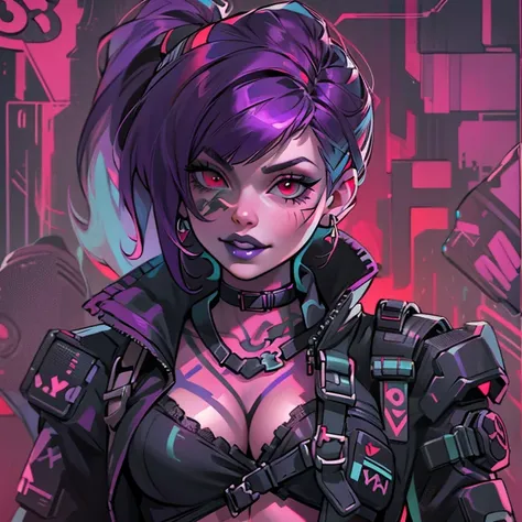 ((solo)). female character around 30 years old. mature body with large breasts and cleavage. wearing black clothing, a cyberpunk style outfit with a strappy harness. she has a cheeky smile. red eyes. long purple hair with straight bangs. She wears eyeliner...