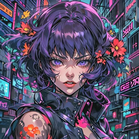 Create digital artwork in the ergo proxy Art style, Featuring a cheeky and confident woman with purple hair and straight bangs, street fashion, Movie color scheme, Surrounded by vintage 80s dark neon motifs, Vibrant brush strokes, Emotions should be dynami...