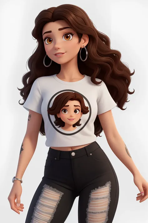 Disney Pixar style a high quality a beautiful short brunette has dark brown and half curly hair the light brown eye black earring black t-shirt black jeans black sneakers tattoo has ring on the right finger silver her name is Larissa is 22 years old