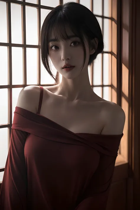 (Best quality, 8k, 32k, Masterpiece, UHD:1.2), Photo of Pretty Japanese woman, medium size breasts, bob hairstyle, short Black Hair, sexy body, JAV, dramatic lighting, Produce an art piece that intricately portrays Junji Itos iconic character, Tomie, with ...