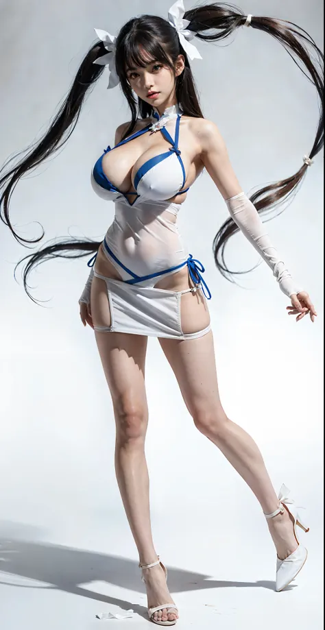 anime character of a woman in a short dress with a long hair, Hestia from Danmachi, anime girl named Hestia, female anime character, Hestia Danmachi anime, anime woman fullbody art, female action anime girl, anime full body illustration, twintails white gl...