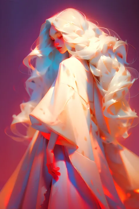 Pink skin woman with long white hair wearing a soft white dress[