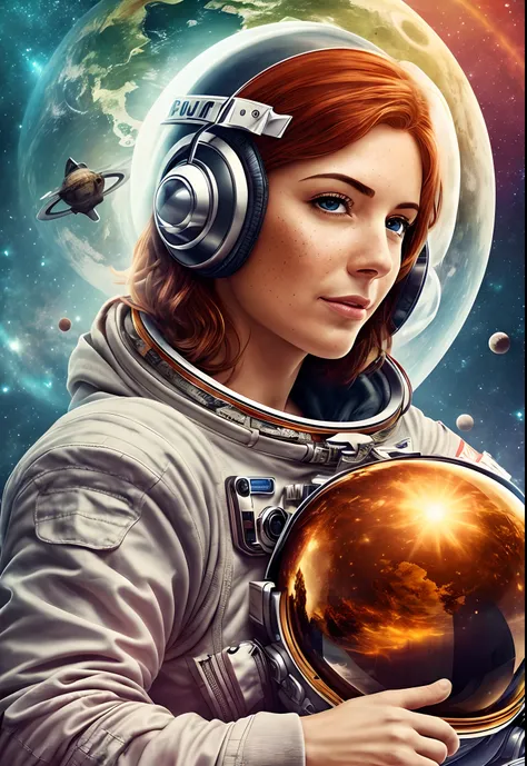 Astronaut woman in her 30s, short red hair with freckles, holding the helmet in her hands, background composed of the planet Pluto, full HD, 3D, 4K, ultra realistic, ultra detailed, hyper realism, hyper perfectionist, ultra magnificent, highly extraordinar...