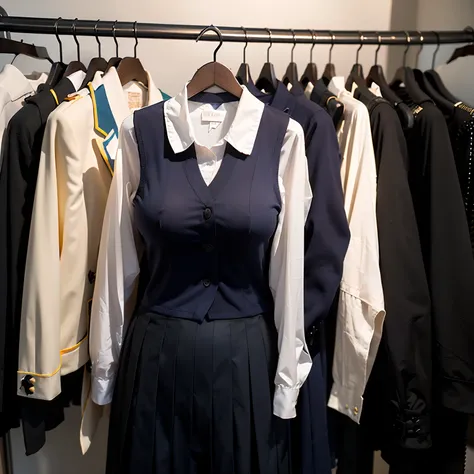 school uniform, (invisible:2, no humans:2, headless:1.7, handless, faceless:1.7), (cute big breasts:1.5), (close-up shot of breasts) , (hanger school uniforms in a closet swells as if an invisible girl is wearing it:2), (girls busty uniforms begins to move...