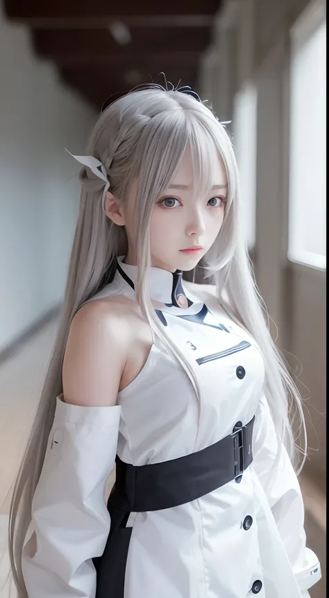 Anime girl with long hair and white coat stands in the hallway, girls frontline style, from girls frontline, from arknights, portrait anime space cadet girl, Cute anime girl, Anime visuals of cute girls, silver hair girl, an anime girl, Anime Mecha Aesthet...