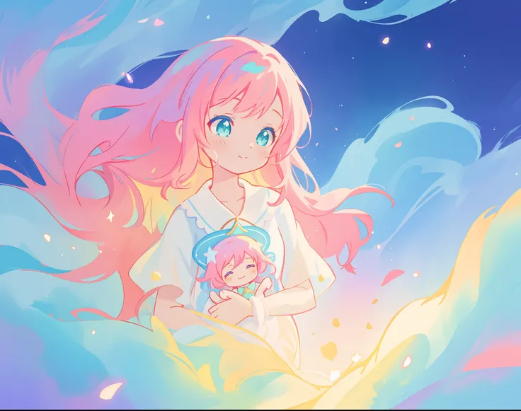 beautiful girl in flowing white dress, vibrant pastel colors, (colorful), magical lights, long flowing colorful pink hair, otherworldly aqua and blue landscape background, inspired by Glen Keane, inspired by Lois van Baarle, disney art style, by Lois van B...