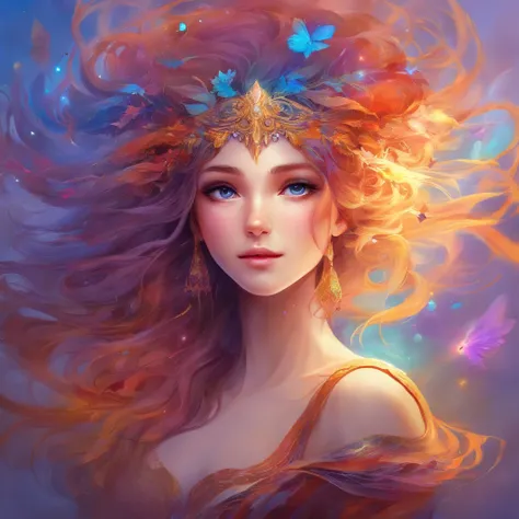 Colorful beautiful girl: a giru 8-years old, messy hair, oil painting, nice perfect face with soft skinice perfect face, blue yellow colors, light purple and violet additions, light red additions, intricate detail, splash screen, 8k resolution, masterpiece...