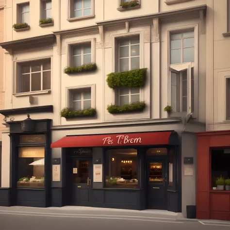 A rectangular restaurant front of building with the title of Trés Bien