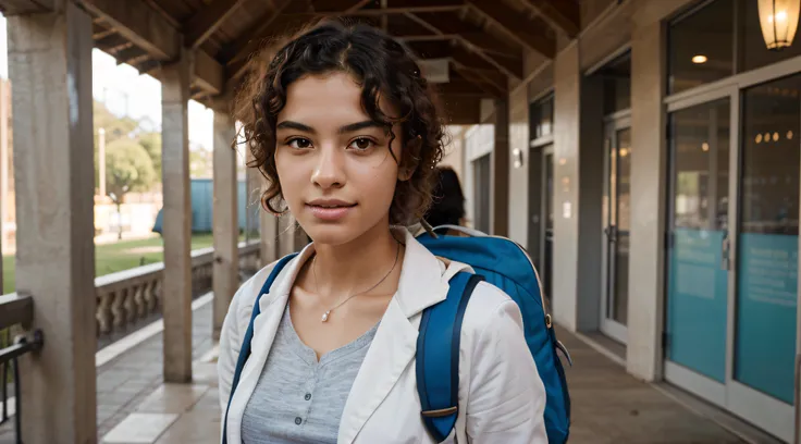 Create a prompt that generates an image of a medical student with Brazilian features. The model should be mulatta, with curly hair, wearing a white coat and a blue backpack on her back. Ensure the inclusion of curly hair, without a stethoscope. Ensure real...