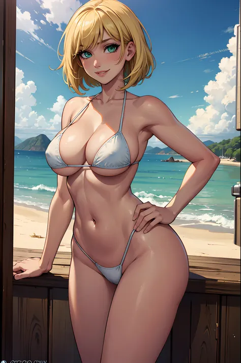 Masterpiece, Best Quality, 8k, ultra photorealistic, ultra high resolution, (1 girl), ultra detailed, dramatic lighting, blushing, smile, bright green eyes, short blonde hair, bob hair, (white micro bikini), in beach, large breasts, cleavage, standing up, ...