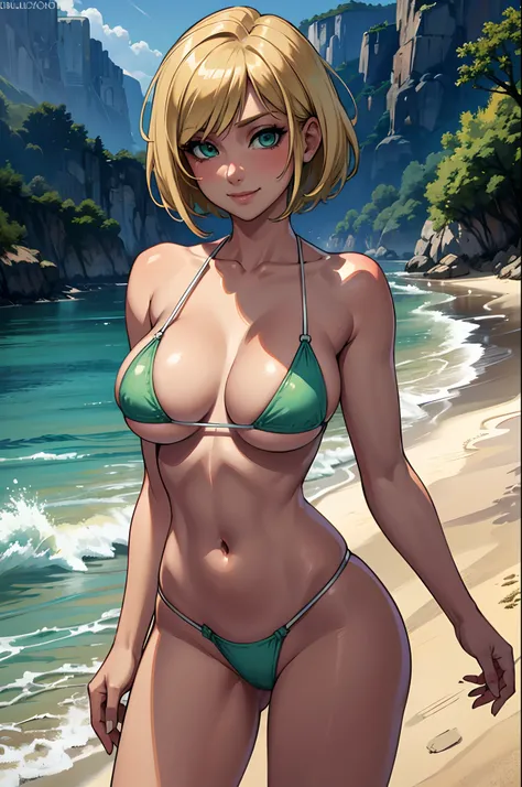 Masterpiece, Best Quality, 8k, ultra photorealistic, ultra high resolution, (1 girl), ultra detailed, dramatic lighting, blushing, smile, bright green eyes, short blonde hair, bob hair, (white micro bikini), in beach, large breasts, cleavage, standing up, ...