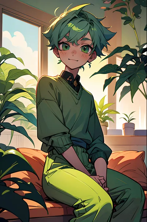 kpop boy, sage green hair, happy, rizz, in green cute sweater outfit, sit near plant, inside living room, chill lofi, pretty, formal professional sit pose, happy