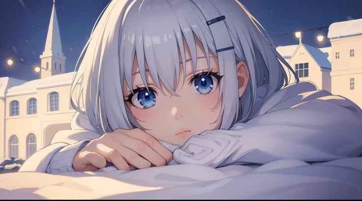 (best quality,4k,8k,highres,masterpiece:1.2),ultra-detailed,(realistic,photorealistic,photo-realistic:1.37),1girl,blue eyes, short hair, white hair, hair clips, hair pins, wearing white hoodies,city,winter snow,night,absurdres,high res, ultrasharp, 8K, mas...