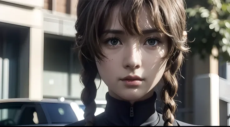 Suzuha Amane, 1girl, blue shirt, long sleeves, brown hair, 2 braids, solo, beauty, extremely beautiful face, exquisite face