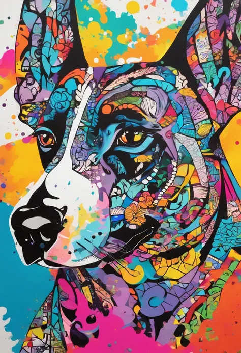 arte splash, grafismo, diverse and playful geometric figures, Rainbow, grafitti, romero britto, um cachorro head, juba bem detalhada ((fundo branco)), olhos penetrantes, cachorro colorido e alegre, abstrato, epic instagram, art-station, estilo splash de ti...