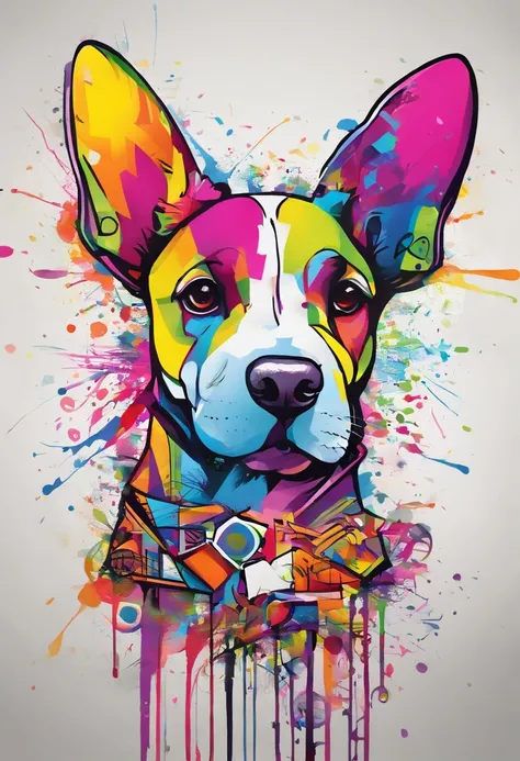 arte splash, grafismo, diverse and playful geometric figures, Rainbow, grafitti, romero britto, um cachorro head, juba bem detalhada ((fundo branco)), olhos penetrantes, cachorro colorido e alegre, abstrato, epic instagram, art-station, estilo splash de ti...