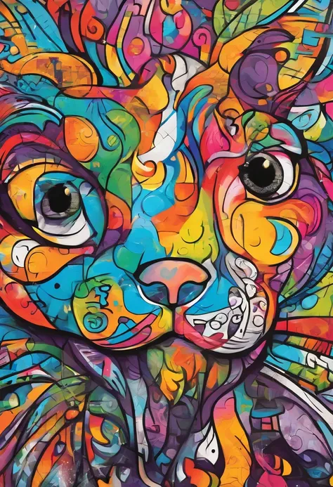 arte splash, grafismo, diverse and playful geometric figures, Rainbow, grafitti, romero britto, um cachorro head, juba bem detalhada ((fundo branco)), olhos penetrantes, cachorro colorido e alegre, abstrato, epic instagram, art-station, estilo splash de ti...