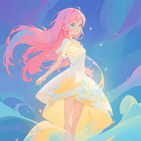 beautiful girl in flowing white dress, vibrant pastel colors, (colorful), magical lights, long flowing colorful pink hair, otherworldly aqua and blue landscape background, inspired by Glen Keane, inspired by Lois van Baarle, disney art style, by Lois van B...