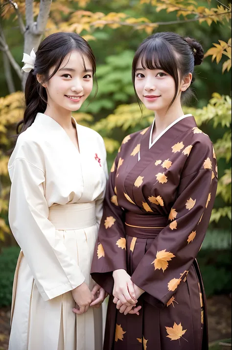 2 girls in old-Japan school yard with autumn leaves,very long sleeved floral hakama top and brown hakama bottom,white socks,string bow on hair,18-year-old,bangs,a little smiles,knees,from below