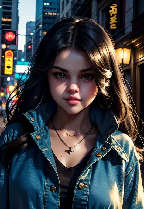 masterpiece, best quality, half body, portrait, night city, 1girl, ((Selena Gomez)), anime, 3D, pixar, realistic, teen girl, smiling, cute face, harajuku fashion style, rain coat, mini top, sexy top, very small top, jeans short, mini short, thigh clothes, ...