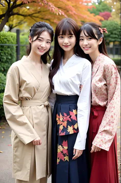 girls in old-Japan school yard with autumn leaves,very long sleeved floral hakama top and brown hakama bottom,white socks,hair red string bow,18-year-old,bangs,a little smiles,knees,from below