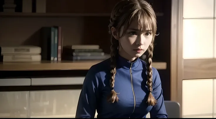 Suzuha Amane, 1girl, blue shirt, long sleeves, brown hair, ((2 braids)), solo, beauty