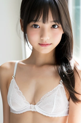 (Best quality, High resolution, Masterpiece ), japanese girl,cute girl, (flat chest:1.2), (loli:1.2), (12yo:1.25), (light smile:0.2), standing, white sheer lace bra, Slender figure, black hair, long hair, BARE FOREHEAD, black eyes, Sheer white thong pantie...