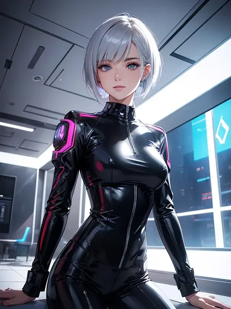 (Ultra-realistic, A high resolution, Best quality, 4K, professional, Cowboy shot), Full HD illustrations，Show off the cool style of a 21-year-old girl, beauty eyes, Sharp eyes. Her asymmetrical pixie hairstyle, Silver hair, Short hair, And the left bangs w...