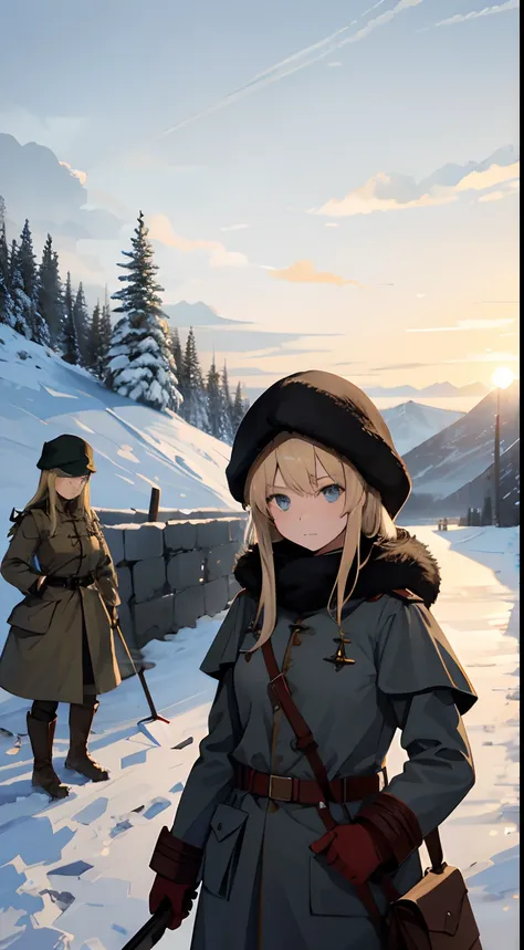 trench warfare, WW1, {{2 girls}}, blond, in snow mountain, fjord, ushanka, winter coat, BDU, 1 girl holding civil engineering shovel, (best quality, perfect quality), high resolution, looking afar