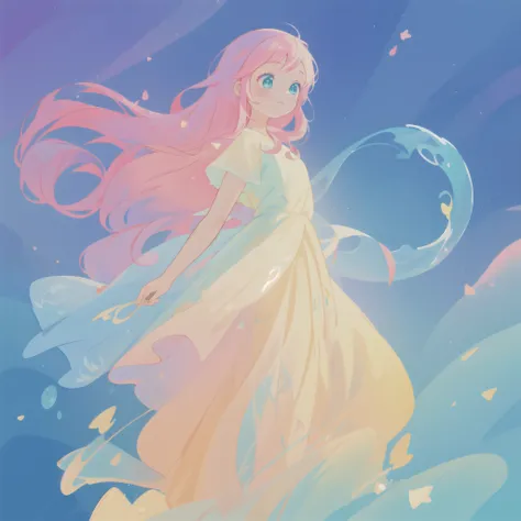 beautiful girl in flowing white dress, vibrant pastel colors, (colorful), magical lights, long flowing colorful pink hair, otherworldly aqua and blue landscape background, inspired by Glen Keane, inspired by Lois van Baarle, disney art style, by Lois van B...