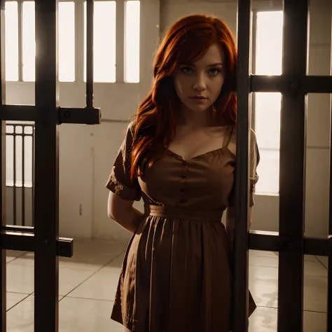 Beautiful redheaded girl in a dress stands handcuffed behind bars in the prison, photorealistic, 8k