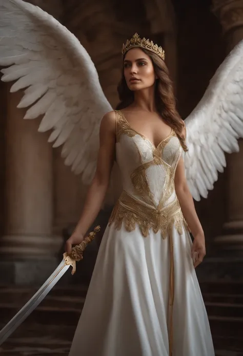 An eligant Angel with great big white wings, a golden halo around her head and an exscaliber sword, shallow depth of field, cinematic light, soft light (RAW, analogue, Nikon Z 14mm ultra-wide angle lens, award-winning photograph, ((best quality)), ((master...