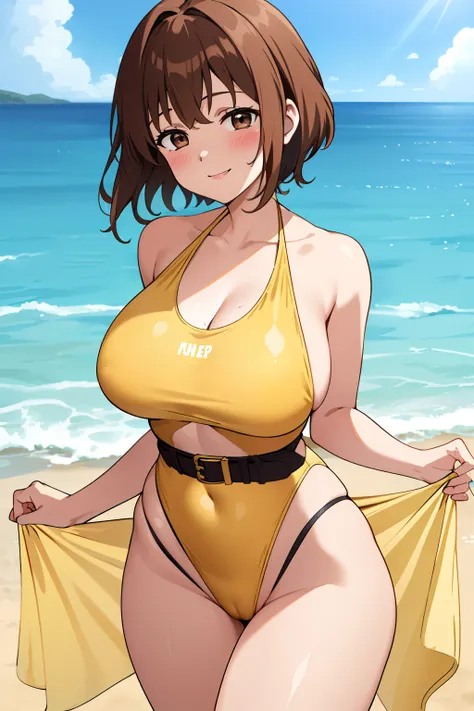 1girll, with short brown hair, Brown eyes, Cowboy shot, Yellow swimsuit, Yellow belt, One-piece swimsuit, Smile, Blush, beach, Large breasts, Deep-chested swimsuit, Highleg Plunge swimsuit