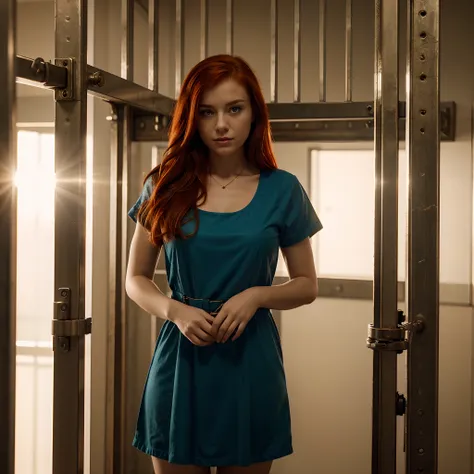 Beautiful redheaded girl in a dress stands handcuffed behind bars in the prison, photorealistic, 8k